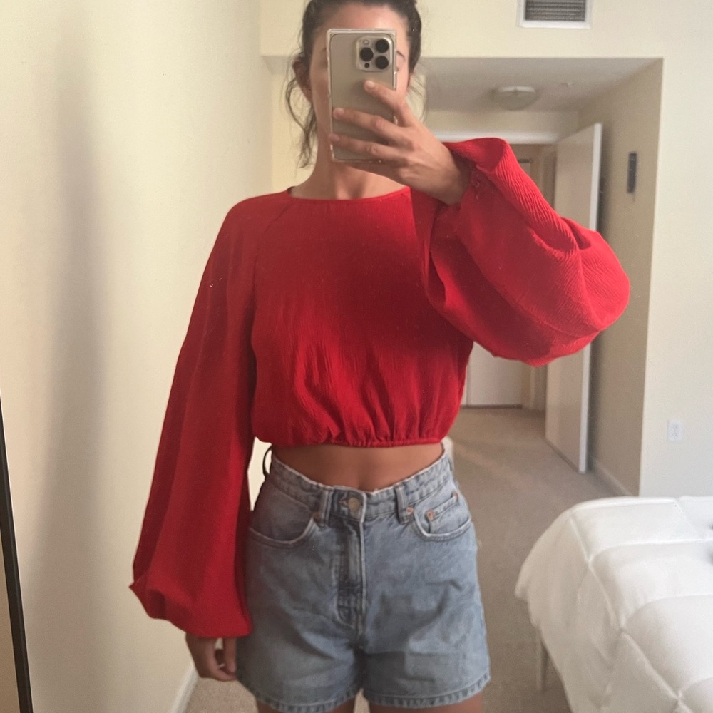 C/meo Collective Cropped Red Blouse with Balloon Sleeves, Sample size S